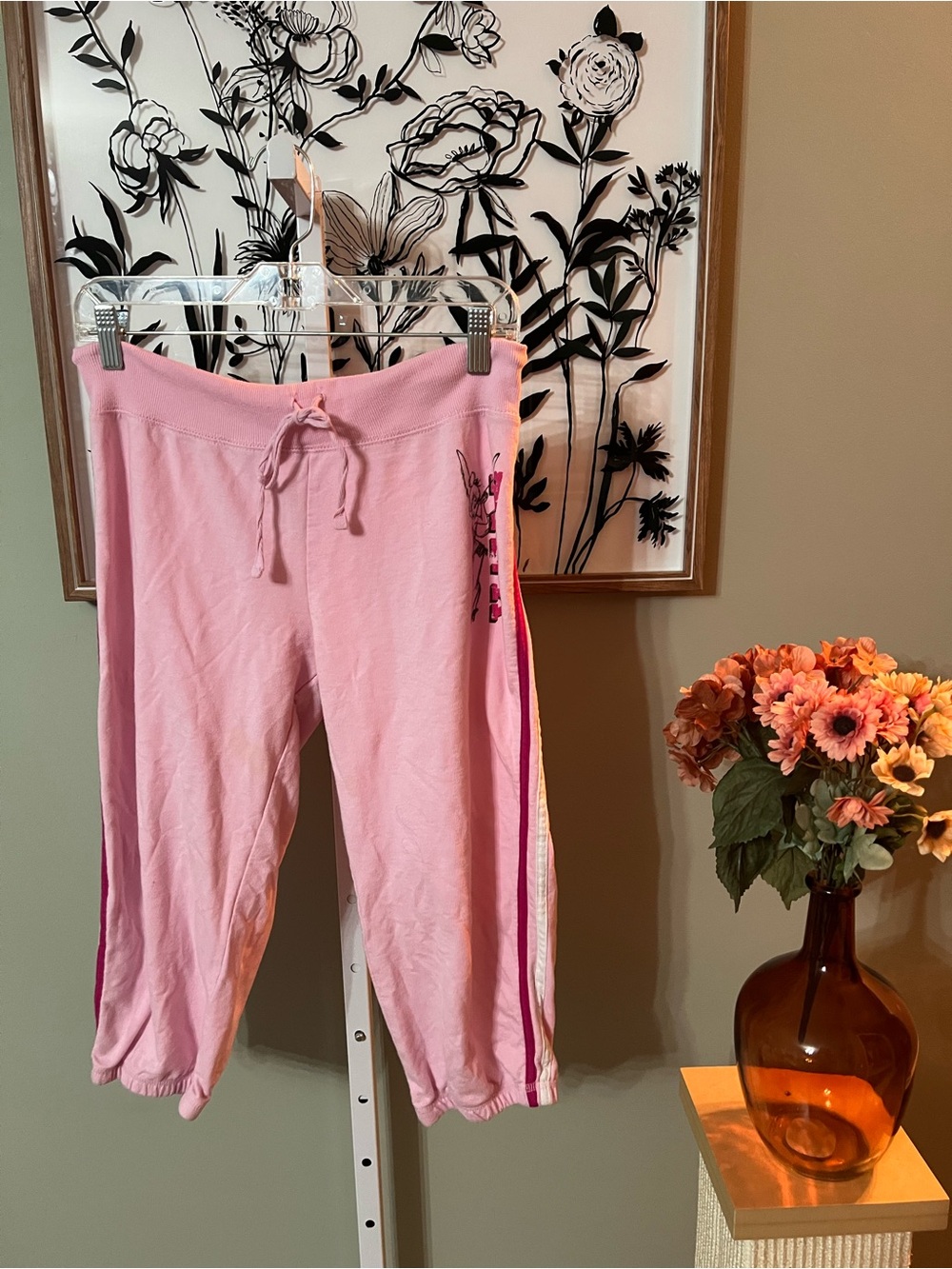 Disney Tinkerbell Pink Cropped Sweatpants Lounge Pajama Bottoms Large Juniors